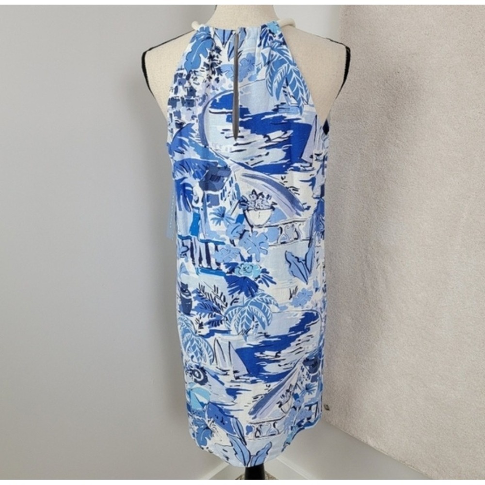 NWT London Times Blue White Tropical Palm Halter Dress Womens 8 Linen Blend New - Picture 3 of 11